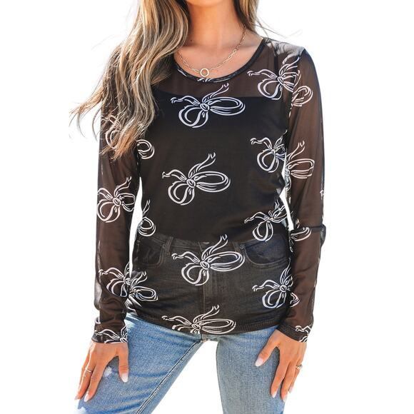 Black Round Neck Bow Print Long Sleeve Mesh Top New Sizes S M  XL - Picture 3 of 8